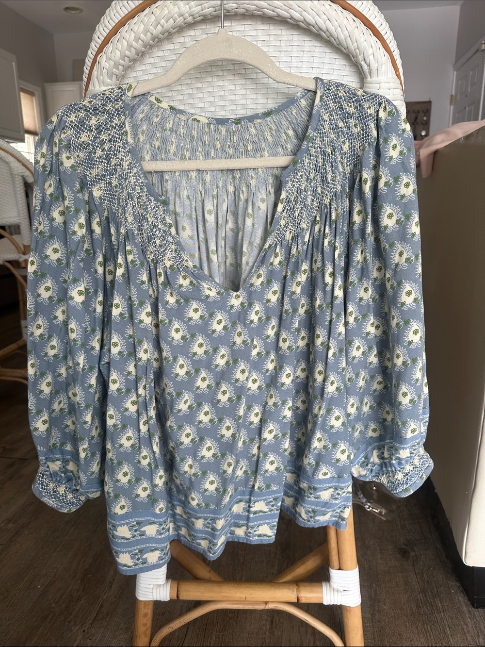 Smocked V-Neck Floral Blouse in Light Blue
